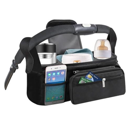 PandaEar Universal Stroller Organizer with Insulated Cup Holders, Parent Console Caddy with Detachable Shoulder Strap & Phone Pouch, Large Capacity Stroller Accessories Bag