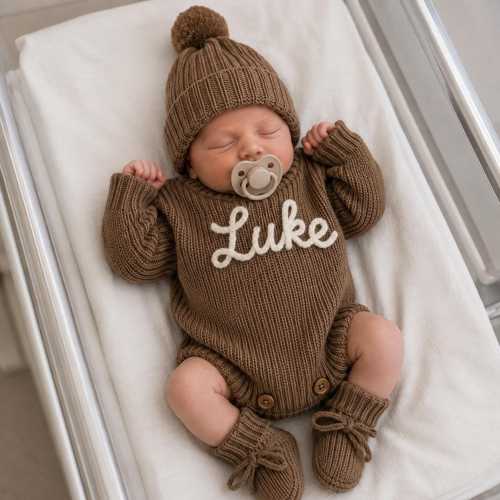 Personalized Baby Sweater Romper, Hat & Booties Set