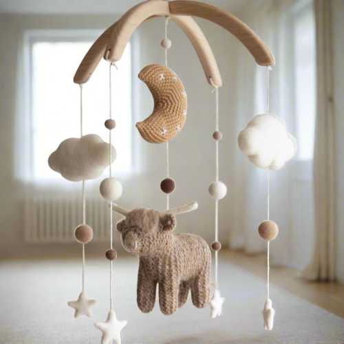 Highland Cow & Moon Baby Mobile - Rustic Boho Farm Nursery Decor Handmade in UK