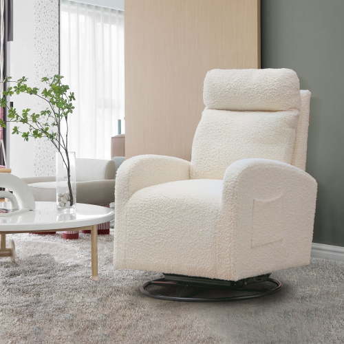 "Muumblus Teddy Swivel Glider Rocking Chair, White Velvet Nursery Chair with Lumbar Pillow, 26.77""x27.95""x39.37"