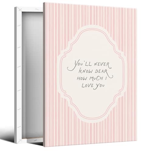 Pink Stripes Nursery Canvas Wall Art, You'll Never Know Dear How Much I Love You Quote Poster, Warming Baby Bedroom Wall Decor, Girl Room Christian Religious Print Picture 12x16in Wrapped Canvas