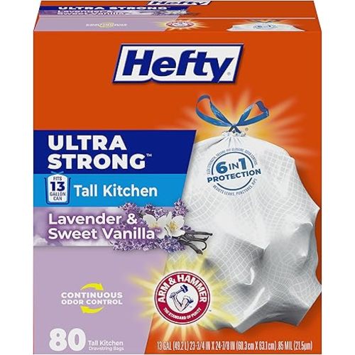 Hefty Ultra Strong 13 Gallon Trash Bags, Tall Kitchen Trash Bags 13 Gallon Size, Drawstring Closure, Continuous Odor Control, White, Lavender and Sweet Vanilla Scent, 80 Bags