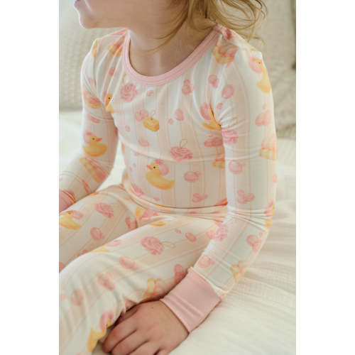 Two-Piece Bamboo Pajamas in Bubble Duckies Pink | Caden Lane