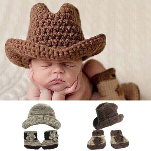 Visland Newborn Baby Photography Props Boy Girl Photo Shoot Outfits Crochet Knitted Clothes Cowboy Hat Shoes Set