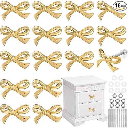 Gold Bow Drawer Knobs Brass Bow Knobs for Dresser Decorative Brass Drawer Pulls Vintage Cabinet Handles for Home Bedroom Kitchen Cabinets Hardware Cupboard(Small Size,Gold,16 Pcs)