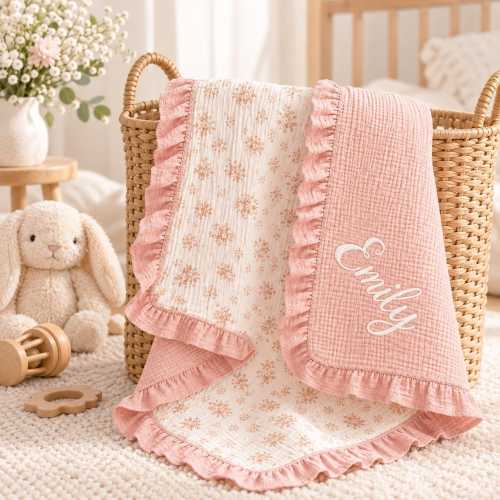 Personalized Baby Blanket with Name, Cotton Muslin Ruffle Blanket, Custom Newborn Girl Gift, Floral Baby Blanket, Baby Shower Gift
