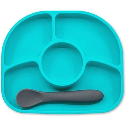 bblüv - Yümi - Silicone Suction Plate & Spoon Set for Baby, Infants and Toddlers, Anti-Spill, Microwave and Dishwasher Safe (Aqua)