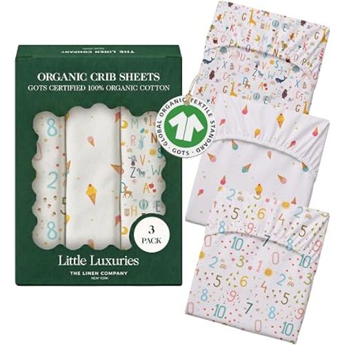 100% Organic Cotton Baby Crib Sheets, 28" x 55", Little Learners, 3-Pack