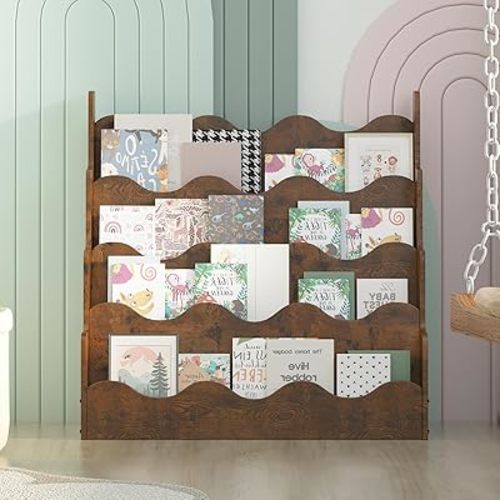 NACHES Wood Kids Bookshelf Scalloped Montessori Toddler Nursery Bookcase Baby Magazine Display Shelf Front Facing Children Book Rack Toy Organizer Girl Boy Bedroom Classroom Playroom, Rustic Brown