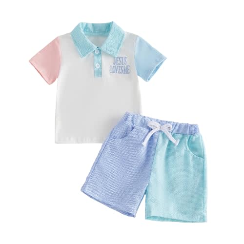 Toddler Baby Boy Christian Outfit Jesus Loves Me Color Block Short Sleeve Collared Shirt Stripe Shorts Clothes Set