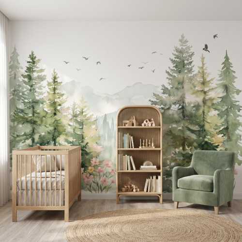 Watercolor Forest Nursery Wall Mural , Pine Tree Mountain Peel and Stick , Woodland Baby Room Wallpaper , Enchanted Forest Kids Decor