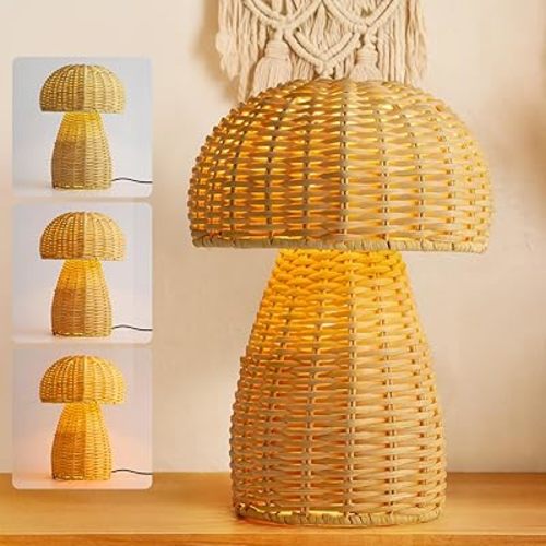Rattan Boho Table Lamp, Handemade Woven Small Wicker Mushroom Nightstand Lamp,3 Color Modes Cute Coastal Bedside Light for Bedroom Living Room Desk Entrance Corner
