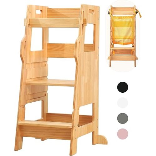 FUNLIO Kids Kitchen Step Stool with Safety Net, 3-Level Height Adjustable Toddler Kitchen Stool Helper, Montessori Child Standing Tower for Learning, Easy to Assemble, CPC Approved