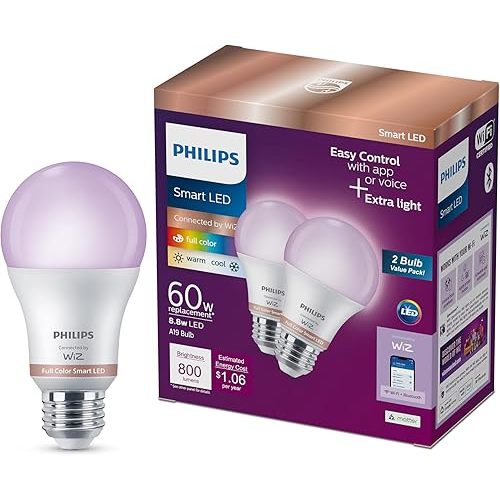 Philips Smart Lighting Connected Light Bulbs, 2-Pack, Color A19 60W 800LM E26 Indoor LED Lights, Smart Bulbs with Motion Detection, Control with Voice or App