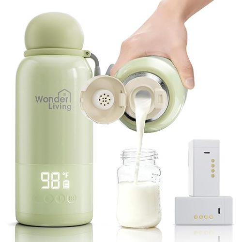 Portable Bottle Warmer for Travel, Double Leakproof, Heating Milk & Water Faster, Cordless Milk Warmer with Two Removal Rechargeable Battery, Anti-Dry & Anti-Burn Protection, 17oz