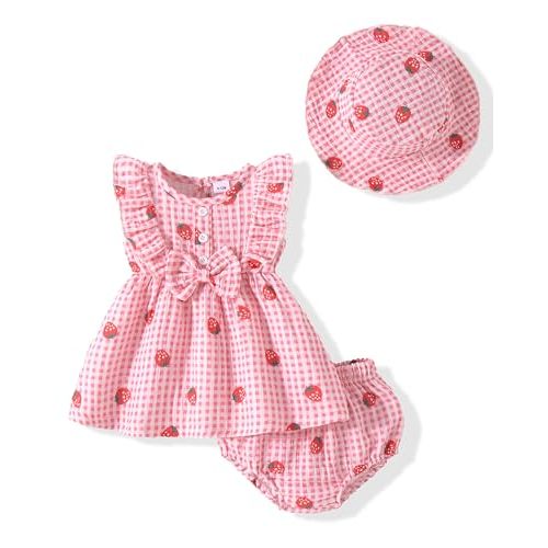 Vibebox Baby Girl Dresses Toddler Summer Princess Dress Clothes 0-18 Months | Ruffle Sleeveless Bows Dresses, Spring Summer Party Birthday Outfits, Infant Girls 3-Piece Sundress with Hat and Underwear