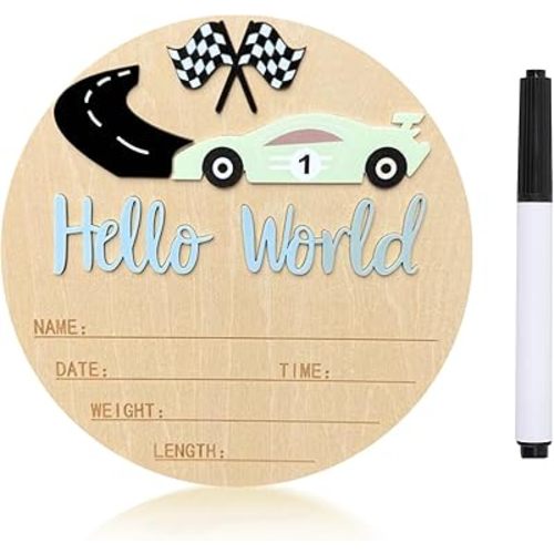 Baby Announcement Sign, 5.9 Inch Wooden Hello World Newborn Sign,Welcome Baby Signs,Birth Announcement Signs,Newborn Name Personalized for Photo Prop race car Design Hospital Nursery (Blue,Green car)