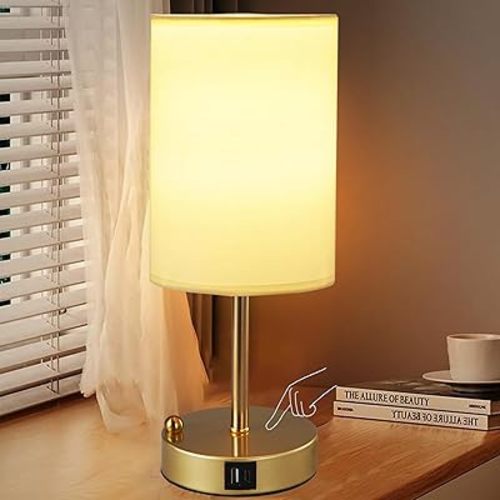 Briever Touch Control Table Lamp for Bedroom, 3-Way Dimmable Nightstand Lamp with USB Charging Ports, Bedside Desk Lamp with Gold Phone Stand & Round Linen Fabric Shade, Bulb Included