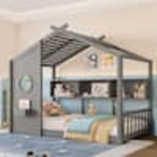 Harper & Bright Designs Gray Twin Size House-shaped Kids Montessori Bed, Floor Bed with Storage Shelf, Unique Roof Design LHC184AAE-T
