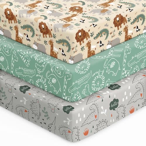 Baby Crib Sheets for Boys Girls, 28x52x8in Fitted Crib Sheet Neutral 3 Pack for Standard Crib and Toddler Mattress, Breathable Soft Microfiber Baby Sheet Green & Apricot Lion