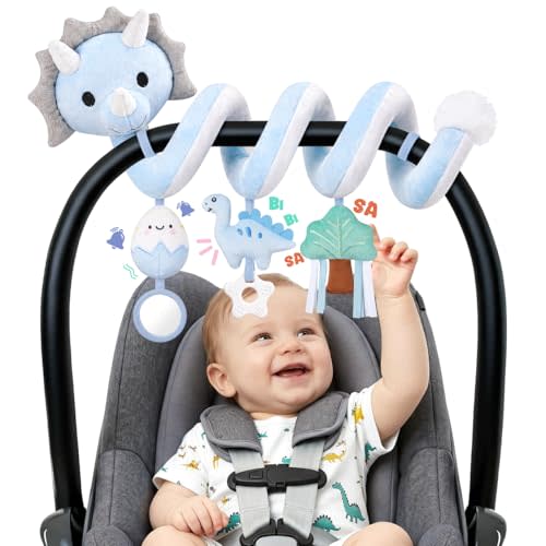 Stuffed Dinosaur Spiral Car Seat Toys Hanging for Babies 0-3 3-6 6-12 Months, Plush Infant Stroller Toy with Silicone Teether, Crinkle and Squeaker, Soft Cute Shower Gifts for Newborn Boys Girls