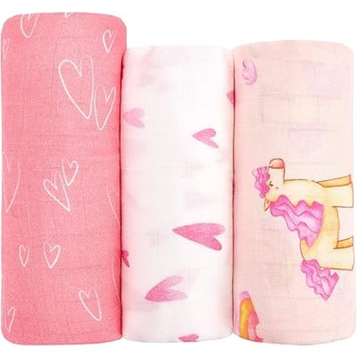 hahaland Muslin Swaddle Blankets Bamboo - 3-Pack, 1 Large (47" x 47") & 2 Standard (38" x 40") - Breathable Silky Soft Receiving Blankets Swaddles for Newborns Baby Girl Gifts Newborn Essentials, Pink