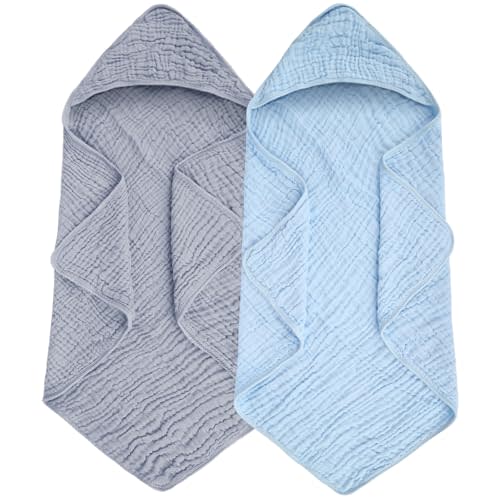 Synrroe Baby Hooded Bath Towel 2 Pack, 100% Muslin Cotton, 32x32 Inch - Matching Trim & Hood, Soft Absorbent Baby Toddler Towel for Newborns & Infants, Blue and Misty