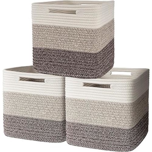 AELS Hand Woven Cotton Baskets for Storage, Cube Storage Bins with Handles, Foldable Collapsible Closet Organizers and Storage, Boho Farmhouse Storage Cubes for Shelves, Beige Mixed Khaki Coffee Brown