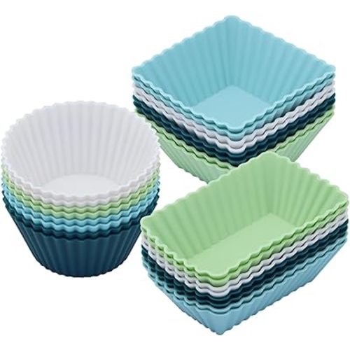 24Pack Silicone Muffin Cups, Reusable Cupcake Liners Molds for Baking, 3 Shapes Lunch Box Bento Dividers-Round, Square, and Rectangular (Neutral Colors, Regular Size)