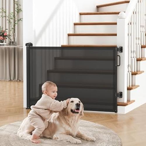 Cideny Retractable Baby Gate for Stairs & Doorways, Dog Gate Indoor Outdoor | Extends to 55" Wide 34" Tall Mesh Child Gate for Hallways, Deck, Porch, Pet Toddler Safety Essentials, Easy Install, Black