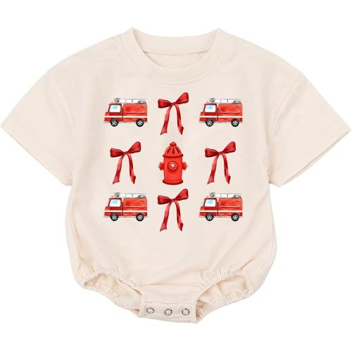Firetruck Baby Romper Sweatshirt, Cute Firefighter Outfit, Trendy Boy Girl Bodysuit, Coquette Bow Style, Birthday Clothes Romper, For Baby Boys, Girls