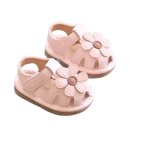 LOVZFMLL Infant Baby Girls Sandals with Flower Squeaky Non-Slip Cute Flats for Summer Soft Sole Closed Toe Crib First Walkers Pink 3-6 Months