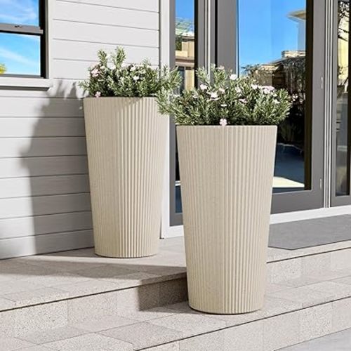 23.6" Tall Planter for Outdoor Plants Set of 2 Large Outdoor Plastic Striped Flower Pots, Front Porch Furniture, Garden Pots, Decorative Planters for Indoor/Outdoor, Patio, Balcony, Beige