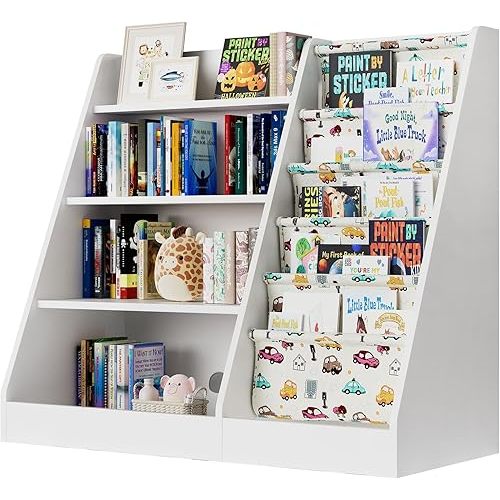 4 Tier Kids Wooden Bookshelf,Five Layer Sling Bookcase,Baby Storage Book Rack,Kids Book and Toy Organizer Cabinet Chest,Infant Book Display,Playroom Kids Room Classroom Nursery Bedroom
