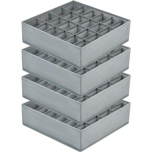 Joyoldelf Sock Drawer Organizer Divider Underwear Organizer 24-cell Fabric Dresser Drawer Organizers Storage Boxes for Socks Lingerie, Handkerchiefs, Ties 4 Pack (Grey)