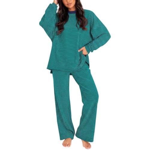 Women's 2 Piece Striped Lounge Set Wide Leg Pants Matching Pajamas Set