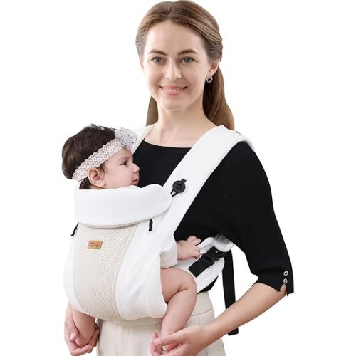 CUBY Newborn Baby Carrier with Head Support and Sunshield, Breathable & Adjustable Newborn Toddler Front Baby Carriers Sling, Hands-Free Newborn Carrier up to 40lbs(White, Classic-with Inner Crotch)