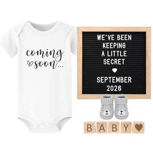 Coming Soon Baby Announcement Ideas, Surprise Pregnancy Announcement for Grandparents Dad Husband Family- Gender Reveal Baby Shower Gifts- Felt Letter Board, Onesie,Booties, Wooden Blocks