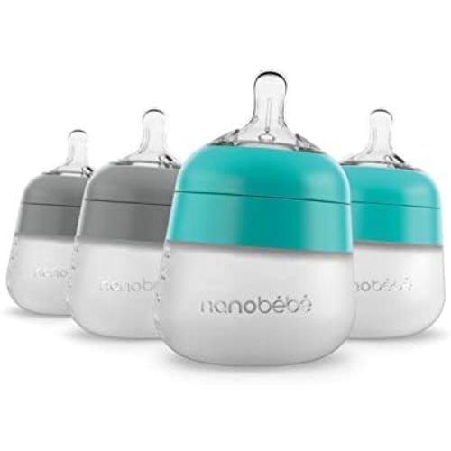 Nanobebe Flexy Silicone Baby Bottle, Anti-Colic, Natural Feel, Non-Collapsing Nipple, Non-Tip Stable Base, Easy to Clean 4-Pack, Grey/Teal, 5 oz