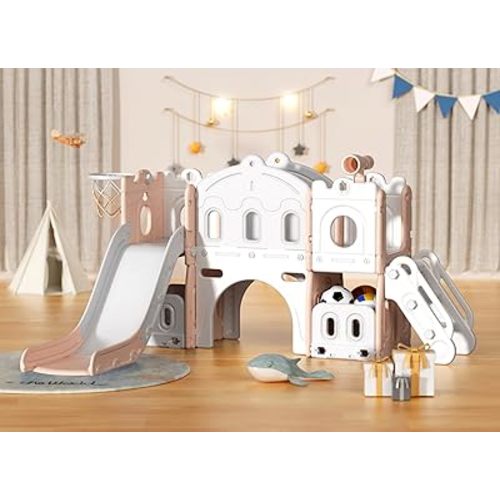8 in 1 Toddler Slide, Kids Climber Slide with Storage Space and Non-Slip Steps, Indoor Outdoor Playset with Basketball Hoop and Telescope, Slide for Toddlers Age 1-3, Pink White