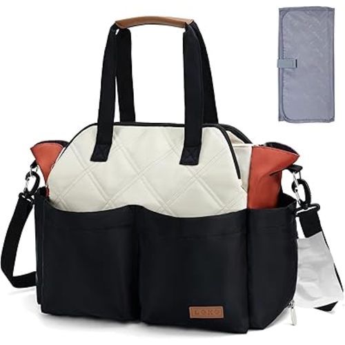 Lekebaby Diaper Bag Tote, Large Diaper Bags Waterproof,Large Mommy Bag for Hospital, Baby Bags for Mom Travel Diaper Tote Messenger Purse, Black & Beige
