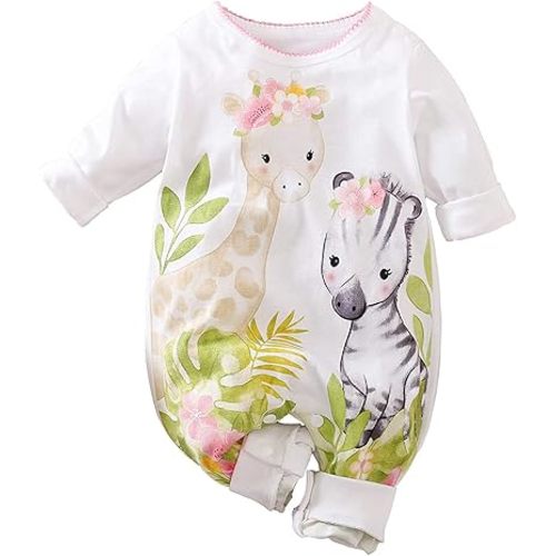 Cute Giraffe + Zebra With Floral Print Long Sleeve Baby Girl Clothes White Jumpsuit baby girl bodysuit