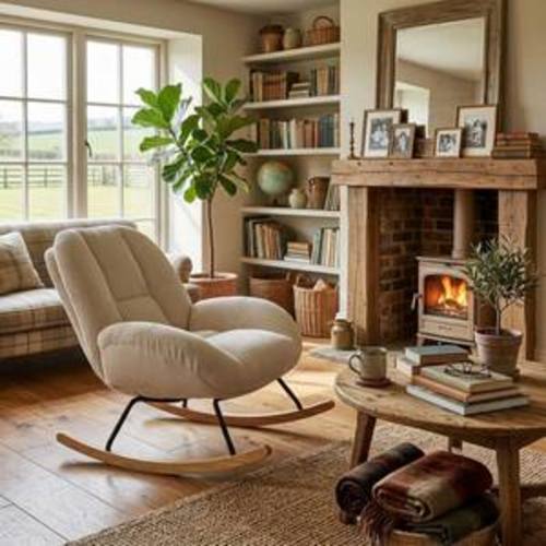 Cream White Corduroy Upholstered Rocking Chair with Ergonomic High Back Accent Arm Chair with Rubber Wood Base