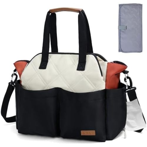 Lekebaby Diaper Bag Tote, Large Diaper Bags Waterproof,Large Mommy Bag Tote Bag Handbag Pink Travel, Black and Beige