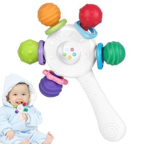Food Quality Baby Rattle - Teething Ring - BPA - Free,Suitable for Choking - Design,Grip strengthening,Suitable for Hearing Development and Teeth Development,Ideal for Babies Aged 0-36 Months (White)