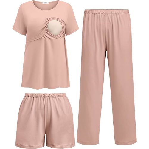 Ekouaer 3 Piece Postpartum Nursing Pajamas Set Short Sleeve Breastfeeding Shirts Pregnancy Shorts & Pants Maternity Pjs