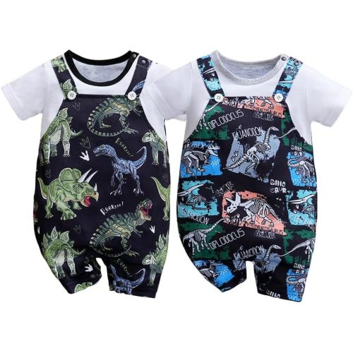 2-Pack Baby Boys Girls Romper Dinosaur Unisex Newborn Onesie Cartoon Print Short Sleeve Summer Clothes 1-18 Months