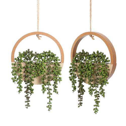Floweroyal 2pcs Artificial Succulents Hanging Plants 12.2'' Fake String of Pearls in Pot with 8.3'' Lanyard for Indoor Outdoor Wall Decor（Wood Color）.