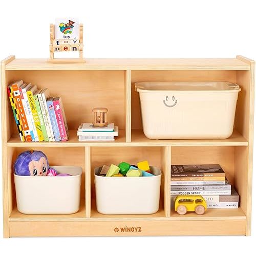 wingyz Wood Storage Shelf Organizer, 35.4" L, 5-Section Montessori Kids Toy & Book Shelf, Wooden Cabinet for Kids Rooms, Playroom, Classroom, Nursery, Preschool Furniture - Nature