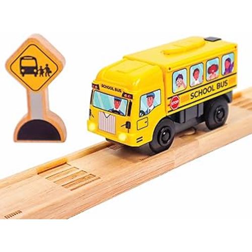 Motorized School Bus for Wooden Track - Yellow Schoolbus Themed Battery Operated - Includes Wooden Bus Stop Sign - Electric Powered Engine Toy for Wood Track for Kids
